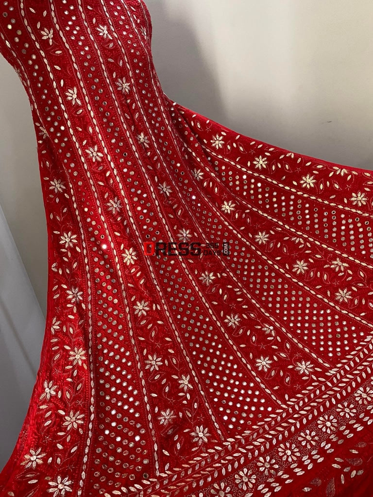 Red Mirror & Gota Patti Work Chikankari Anarkali Suit