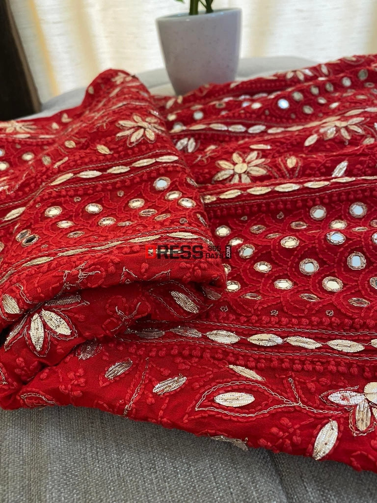 Red Mirror & Gota Patti Work Chikankari Anarkali Suit