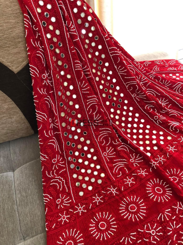 Red Mirror & Pearl Chikankari Anarkali Suit
