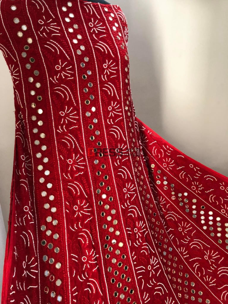 Red Mirror & Pearl Chikankari Anarkali Suit