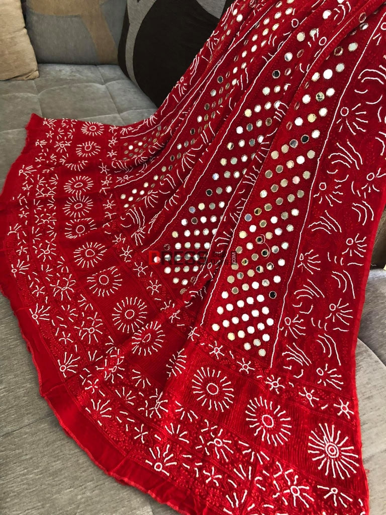 Red Mirror & Pearl Chikankari Anarkali Suit