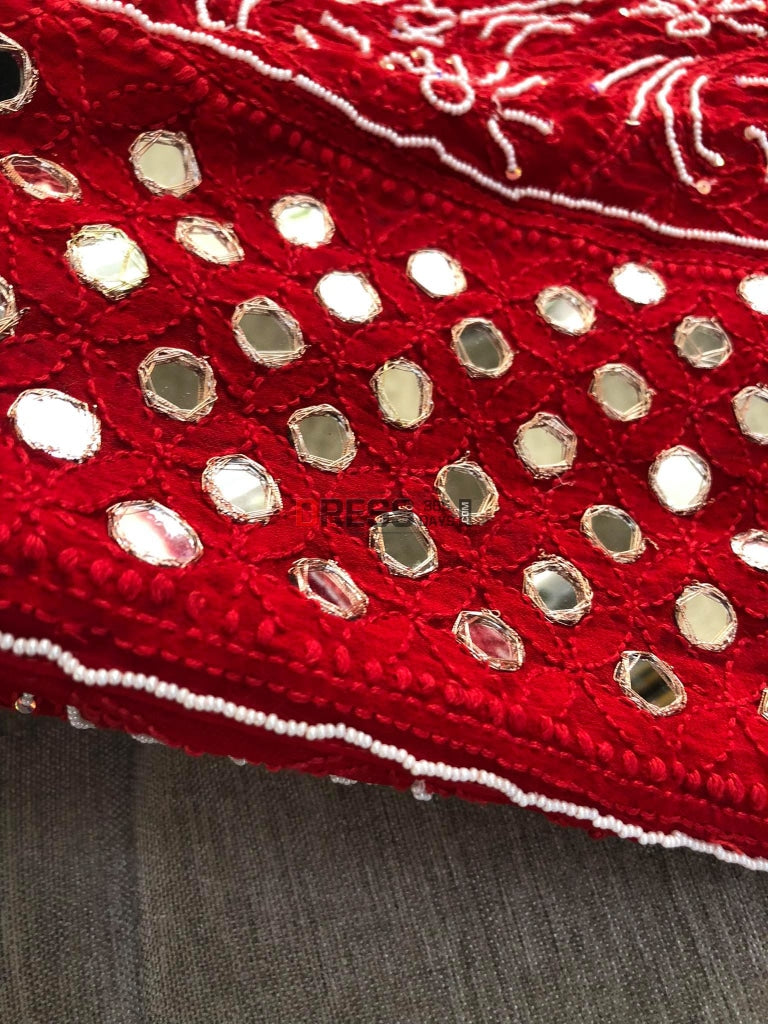 Red Mirror & Pearl Chikankari Anarkali Suit