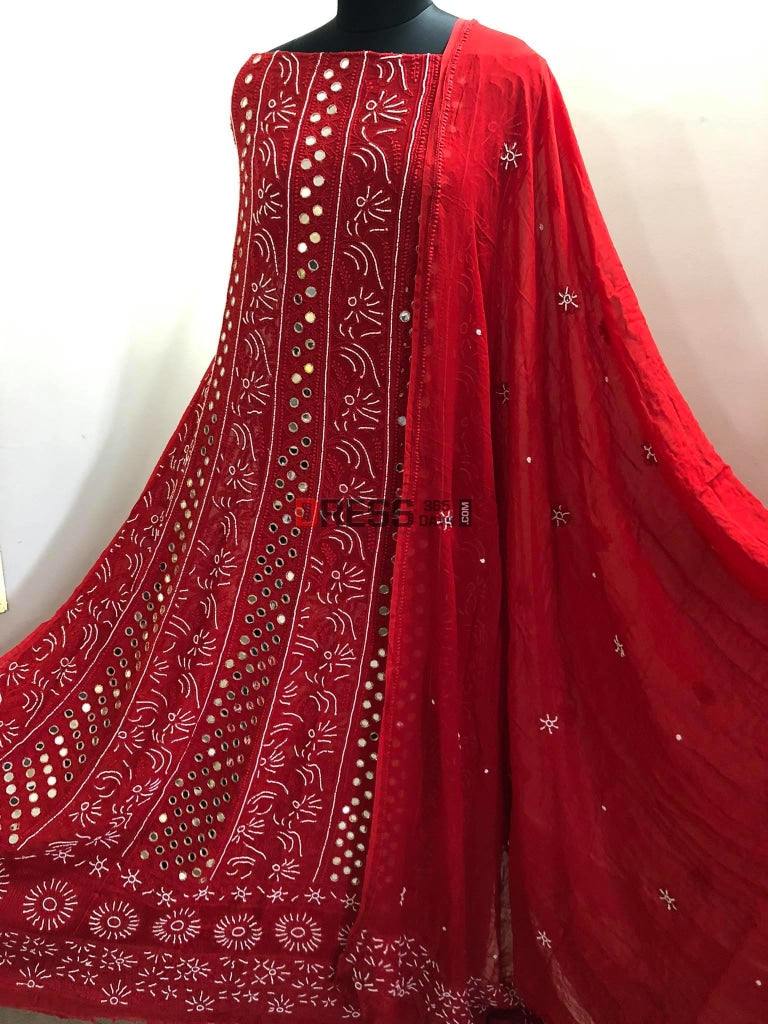 Red Mirror & Pearl Chikankari Anarkali Suit