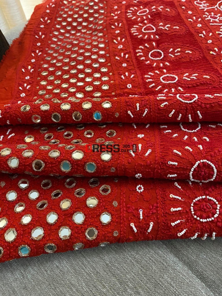 Red Mirror & Pearl Chikankari Dupatta