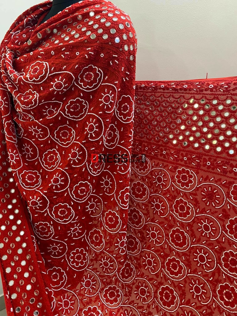 Red Mirror & Pearl Chikankari Dupatta