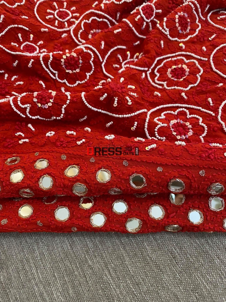 Red Mirror & Pearl Chikankari Dupatta