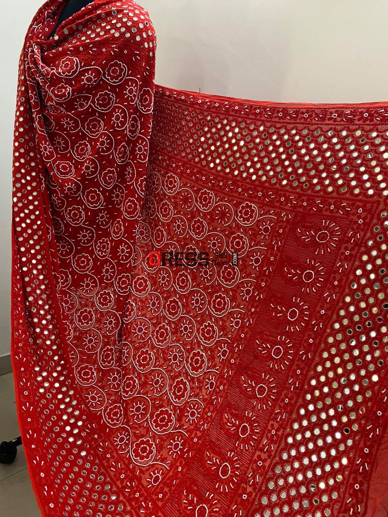 Red Mirror & Pearl Chikankari Dupatta