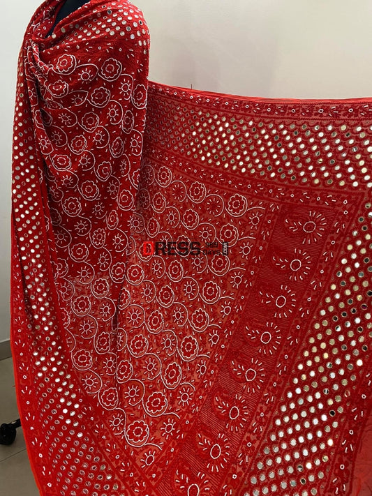 Red Mirror & Pearl Chikankari Dupatta