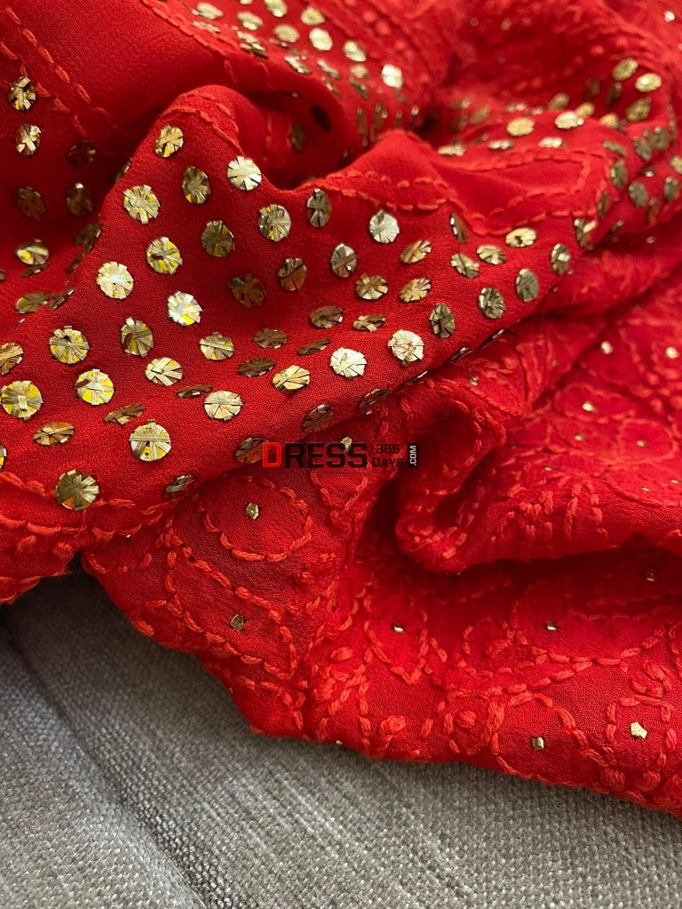 Red Mukaish Neckline Chikankari Kurta Dupatta Suits