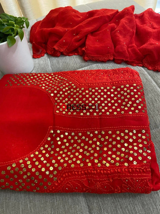 Red Mukaish Neckline Chikankari Kurta Dupatta Suits
