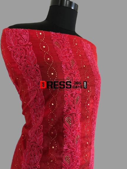 Red Organza Mukaish Chikankari Suit - Dress365days