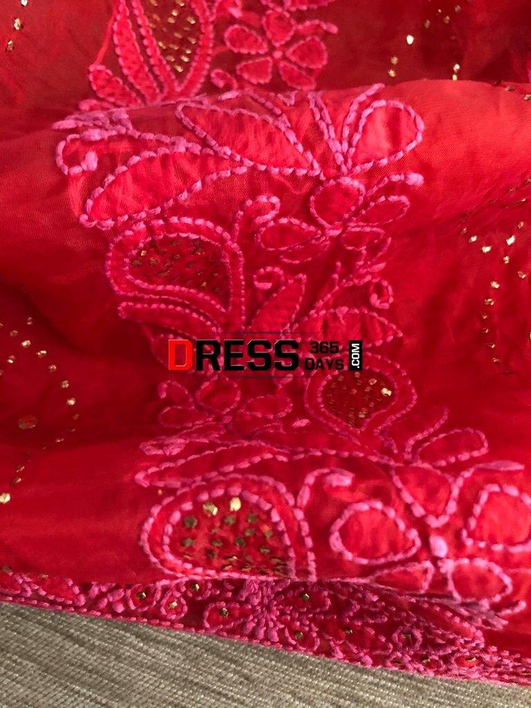 Red Organza Mukaish Chikankari Suit Suits
