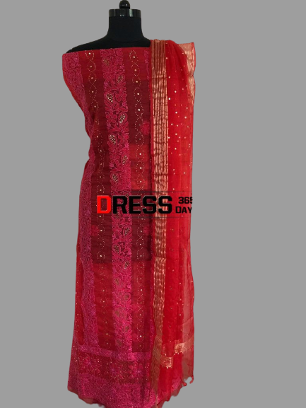 Red Organza Mukaish Chikankari Suit - Dress365days