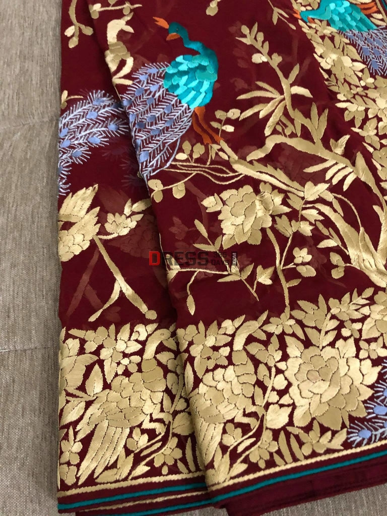 Red Parsi Gara Dupatta With Gold Embroidery
