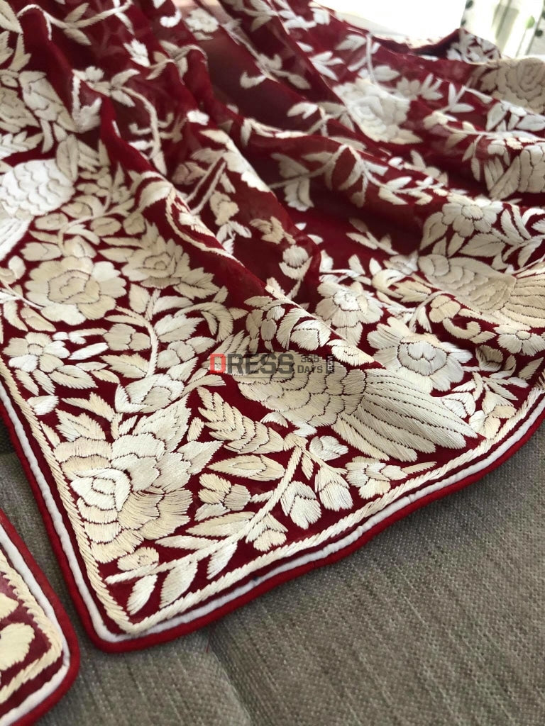 Red Parsi Gara Dupatta With Ivory Embroidery
