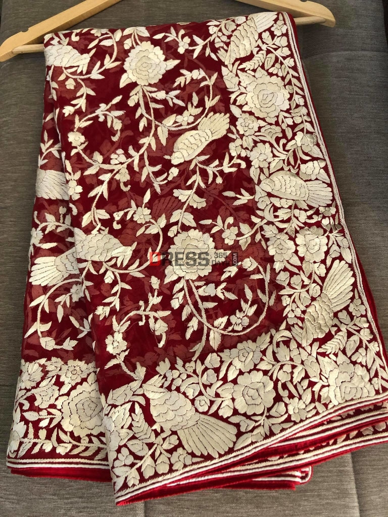 Red Parsi Gara Dupatta With Ivory Embroidery