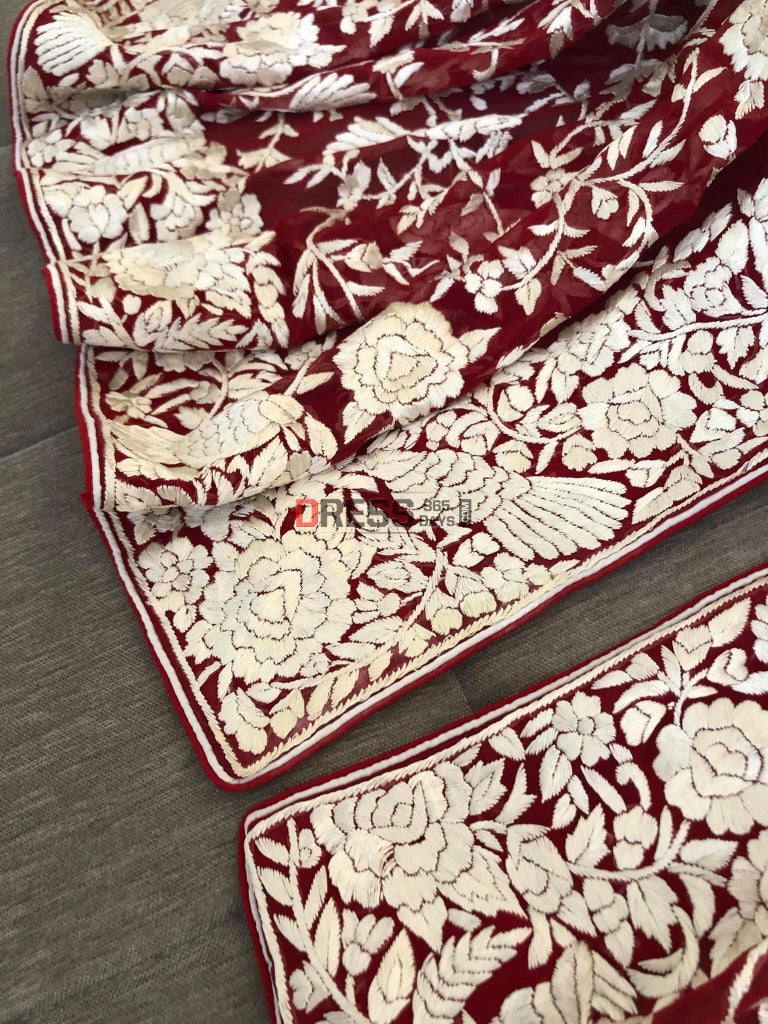 Red Parsi Gara Dupatta With Ivory Embroidery