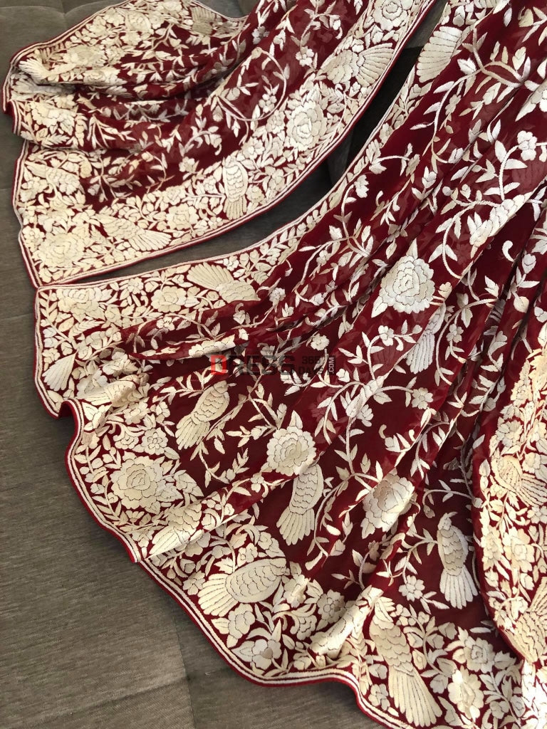Red Parsi Gara Dupatta With Ivory Embroidery
