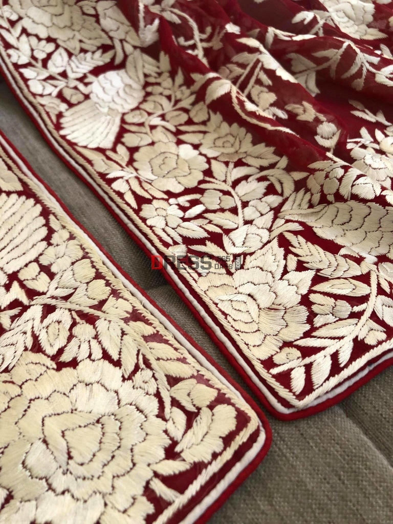 Red Parsi Gara Dupatta With Ivory Embroidery