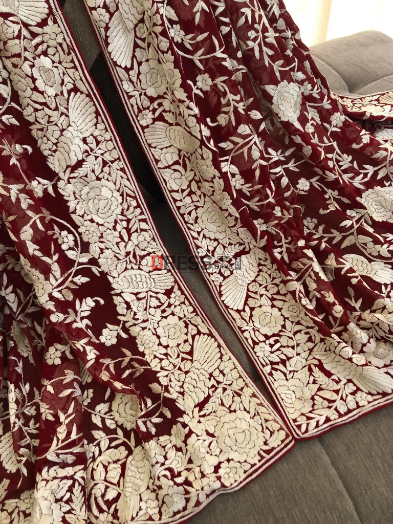 Red Parsi Gara Dupatta With Ivory Embroidery
