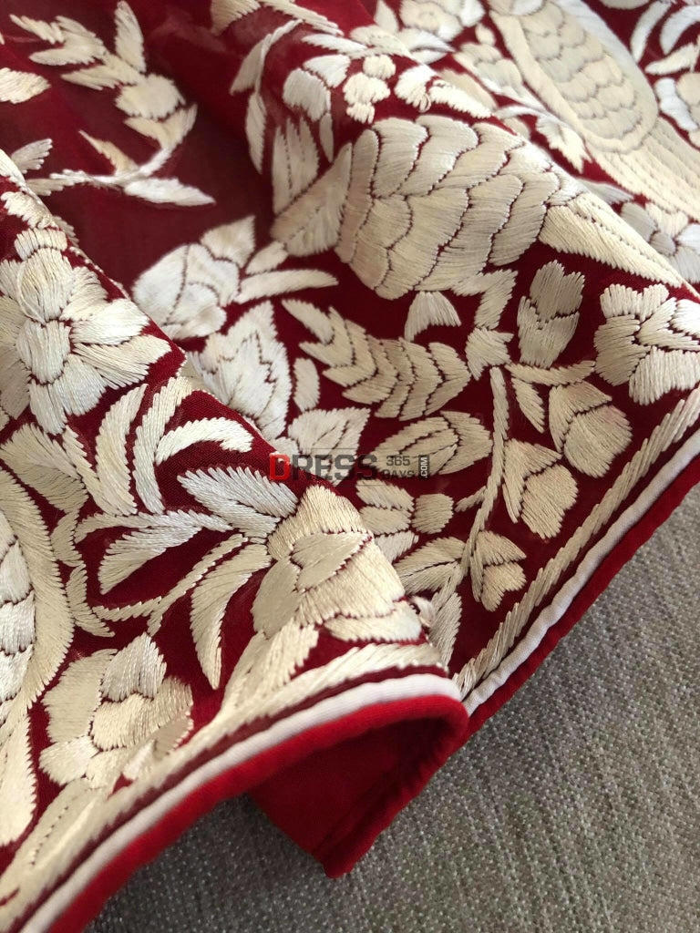 Red Parsi Gara Dupatta With Ivory Embroidery
