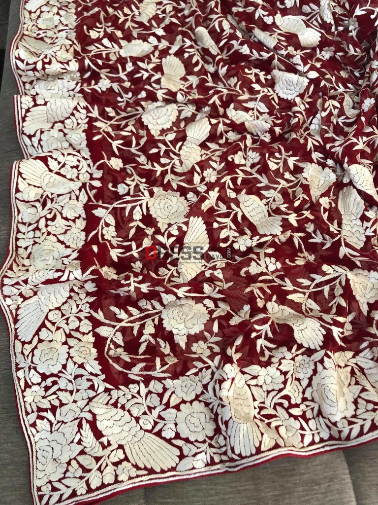 Red Parsi Gara Dupatta With Ivory Embroidery