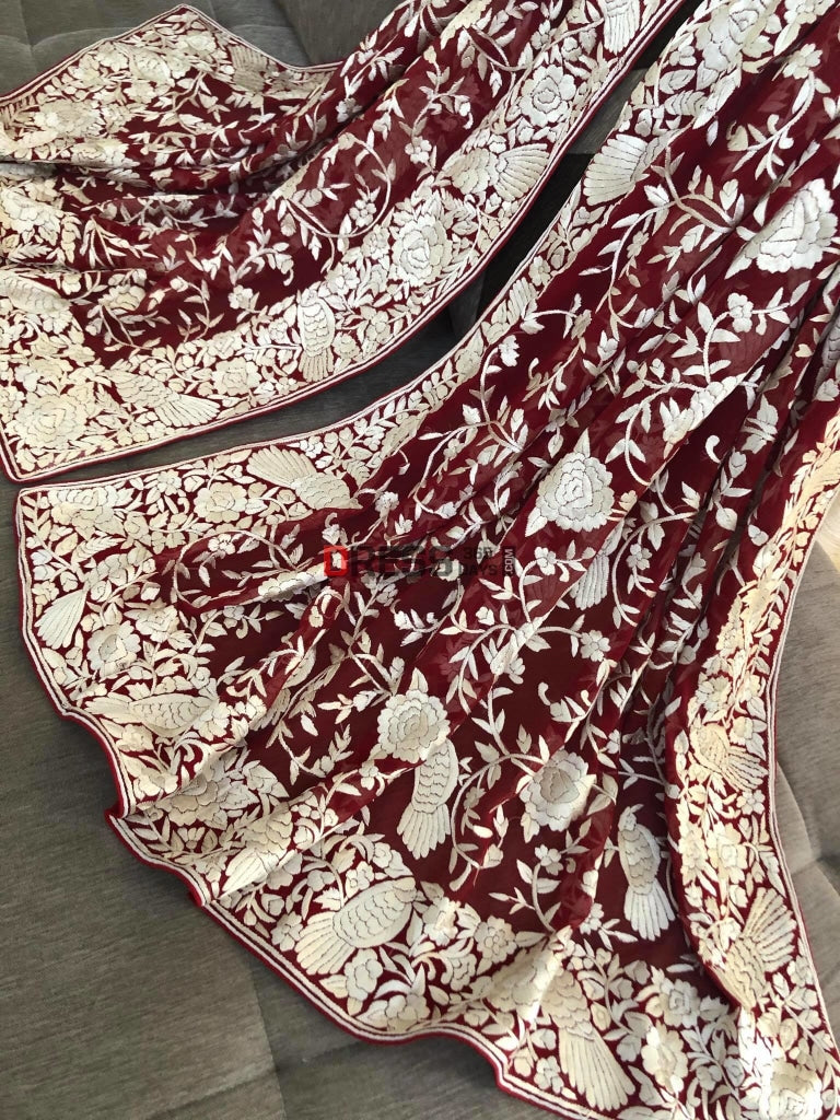 Red Parsi Gara Dupatta With Ivory Embroidery