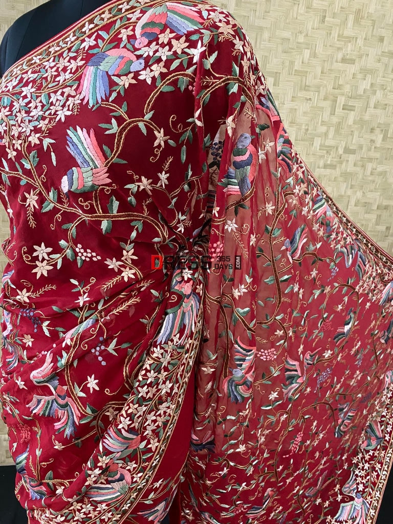 Red Parsi Gara Saree With Multicolour Embroidery
