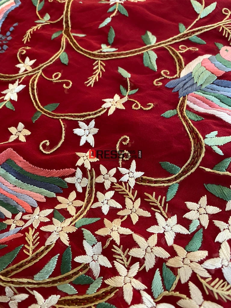 Red Parsi Gara Saree With Multicolour Embroidery