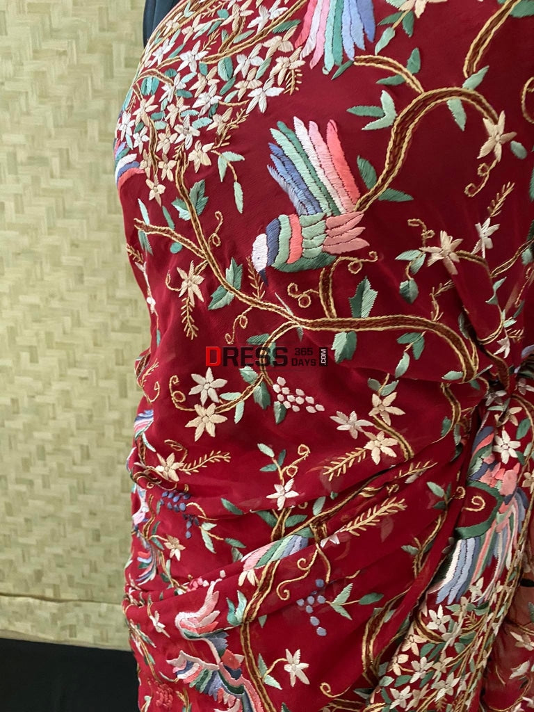 Red Parsi Gara Saree With Multicolour Embroidery