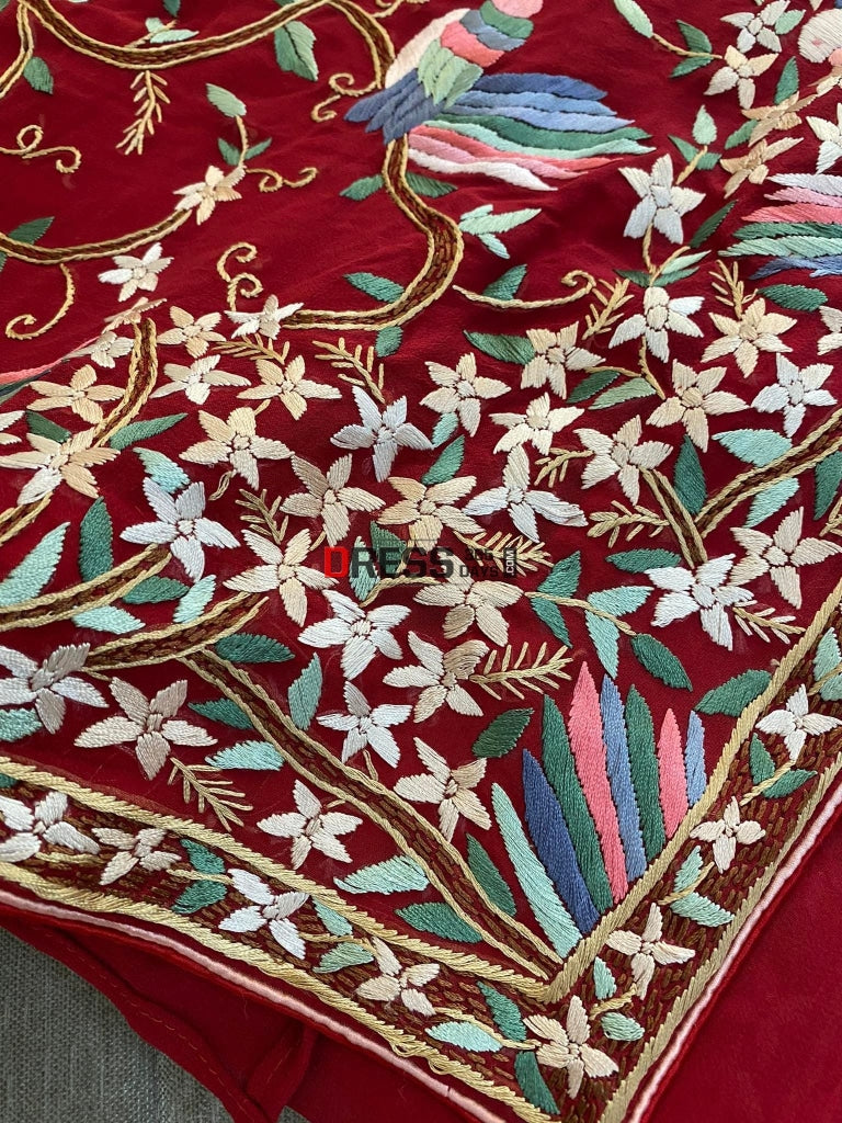 Red Parsi Gara Saree With Multicolour Embroidery