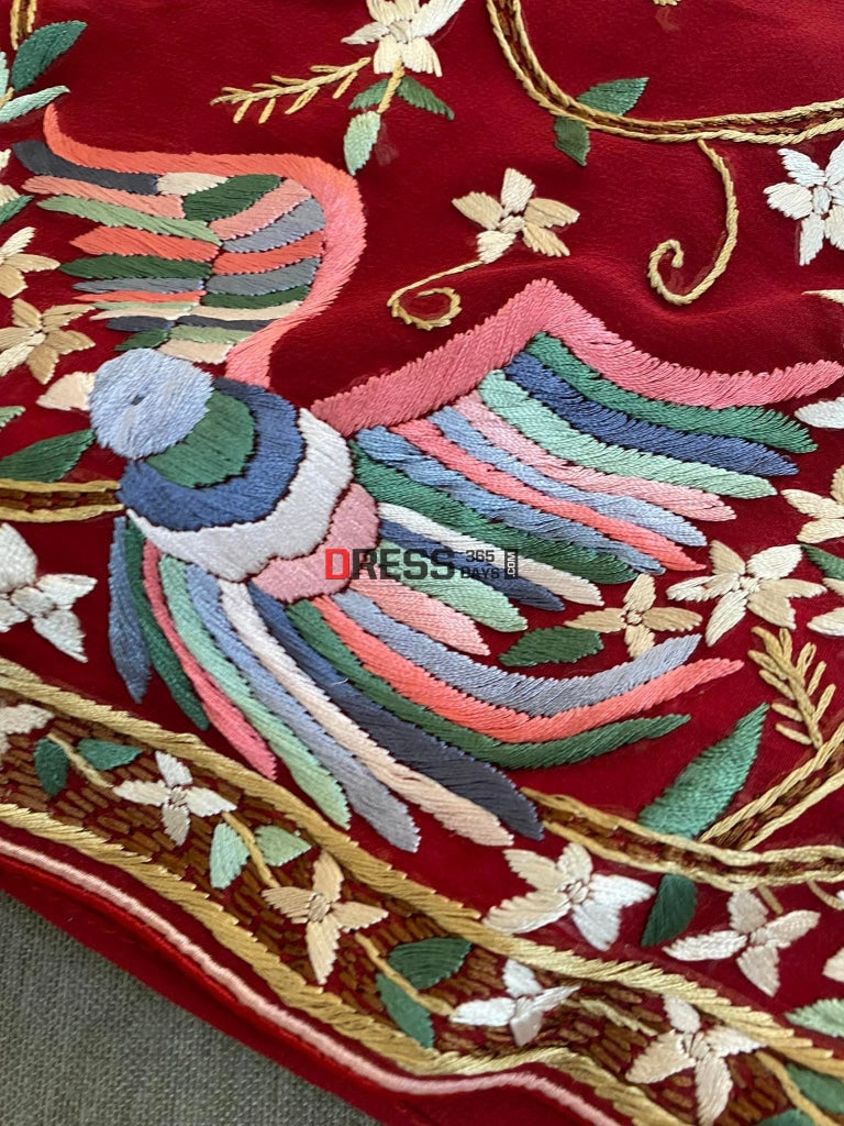 Red Parsi Gara Saree With Multicolour Embroidery