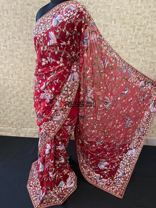 Red Parsi Gara Saree With Multicolour Embroidery