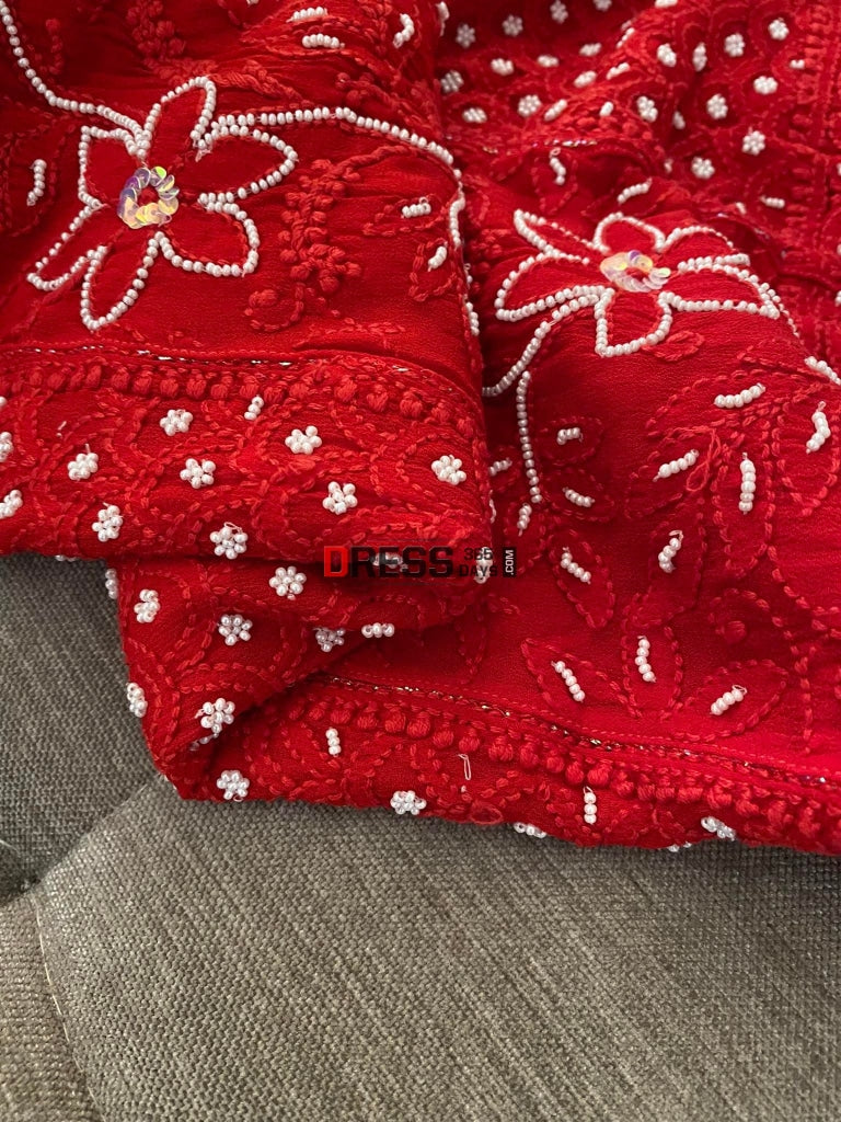 Red Pearl Chikankari Anarkali Suit