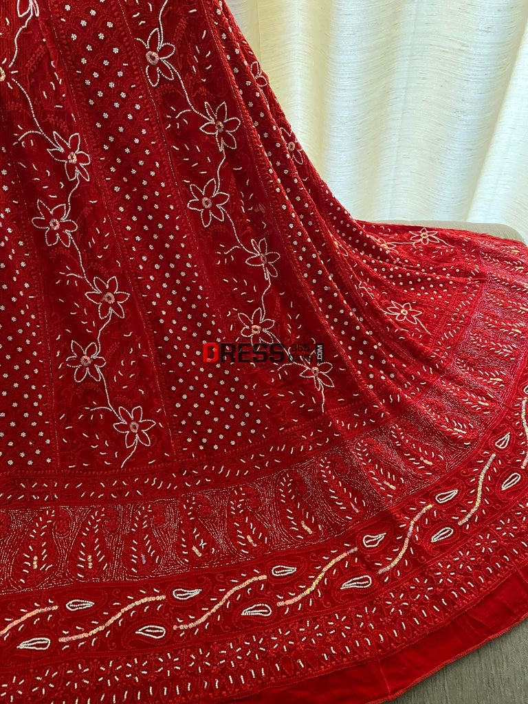 Red Pearl Chikankari Anarkali Suit