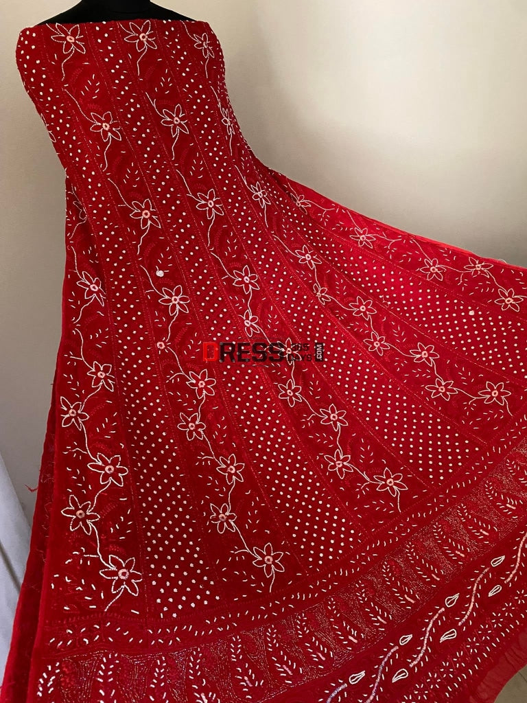 Red Pearl Chikankari Anarkali Suit