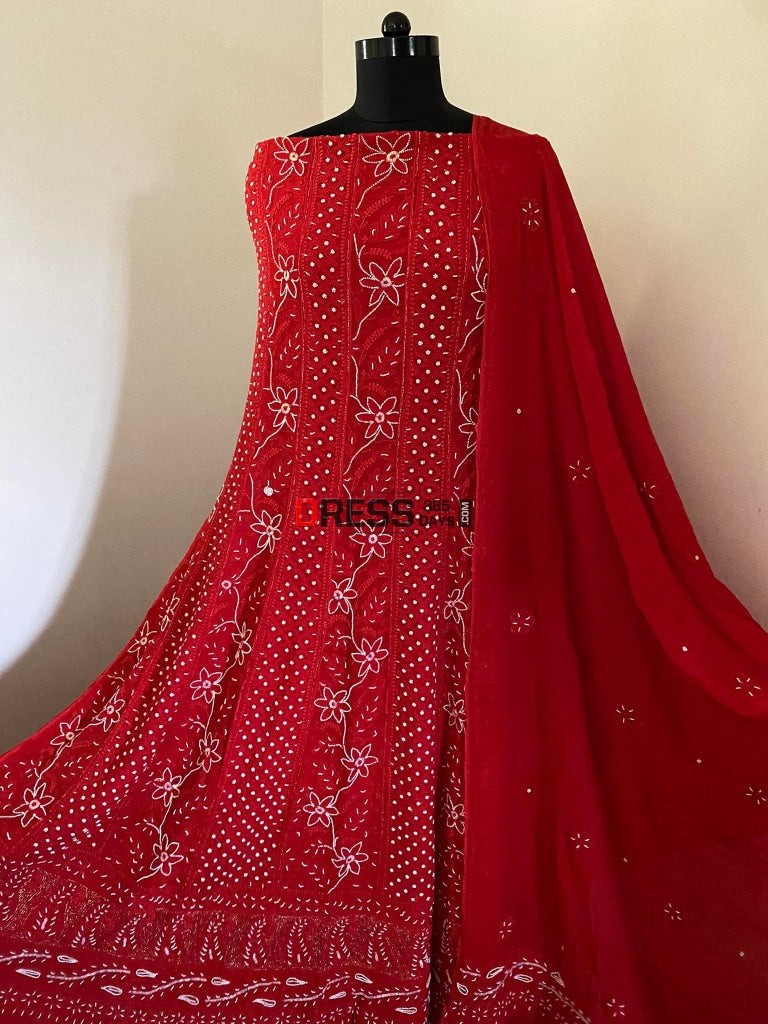 Red Pearl Chikankari Anarkali Suit