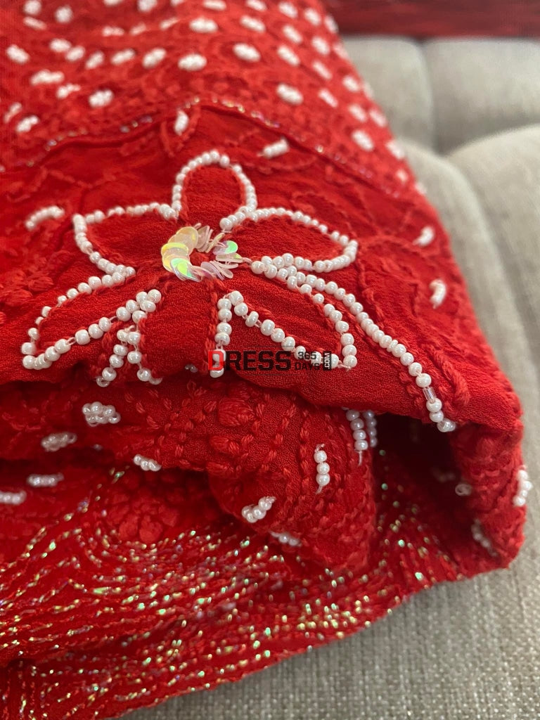 Red Pearl Chikankari Anarkali Suit