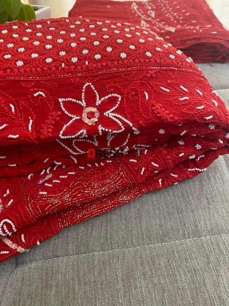 Red Pearl Chikankari Anarkali Suit