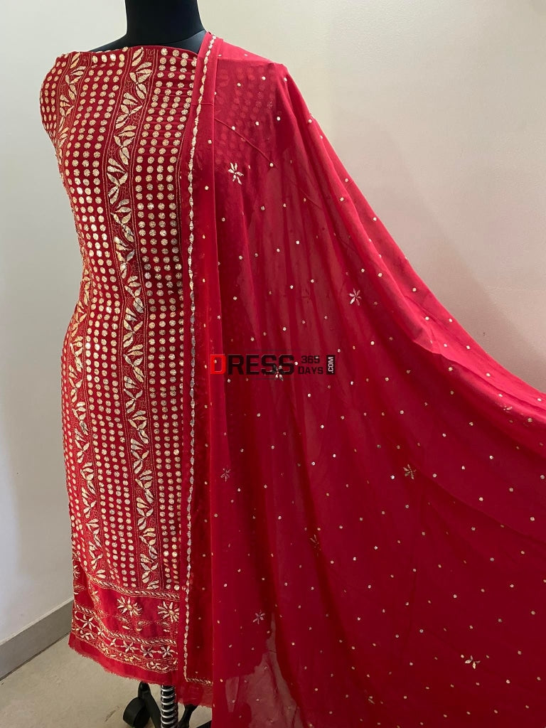 Red Pure Georgette Kamdani Suit Chikankari Suits