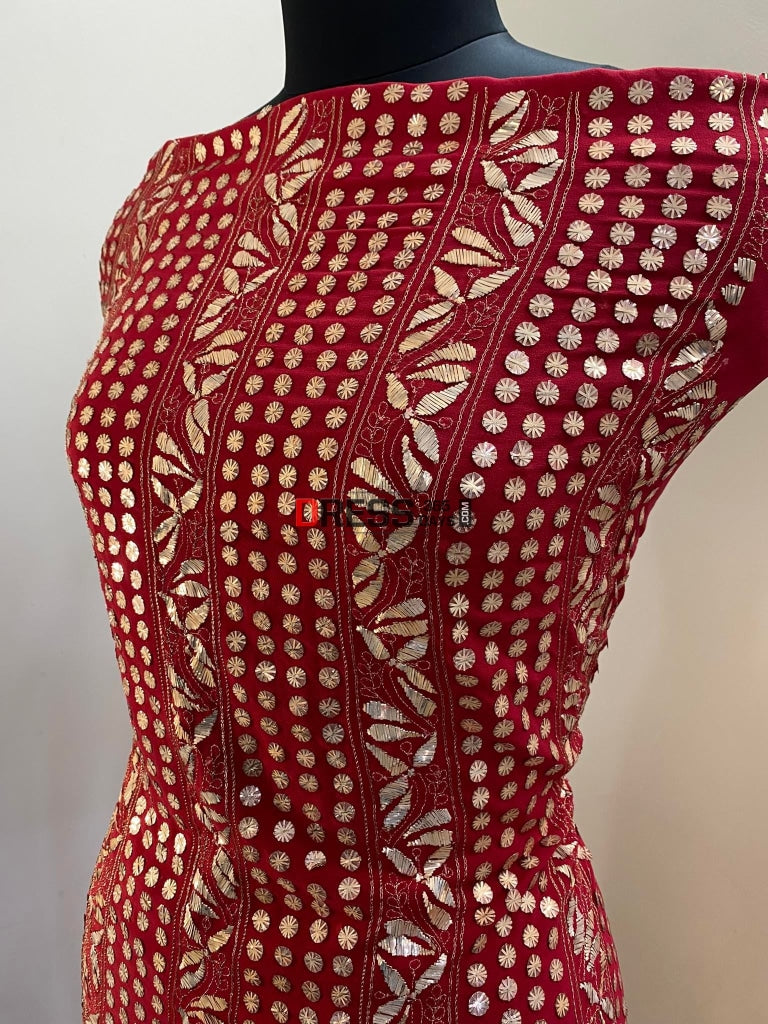 Red Pure Georgette Kamdani Suit Chikankari Suits