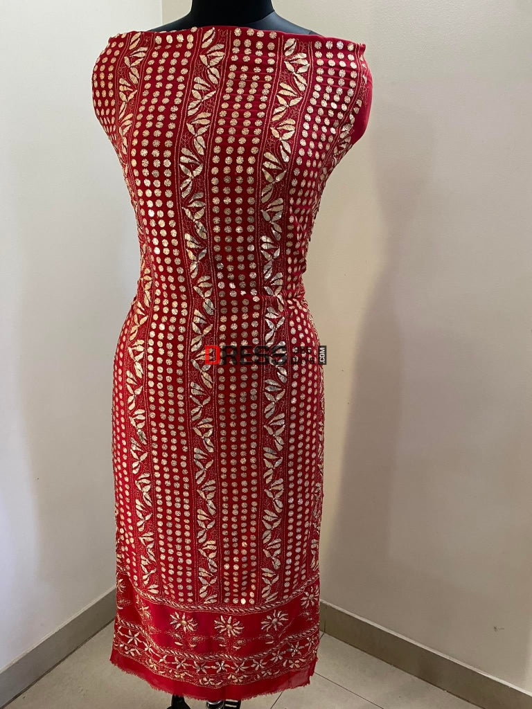 Red Pure Georgette Kamdani Suit Chikankari Suits