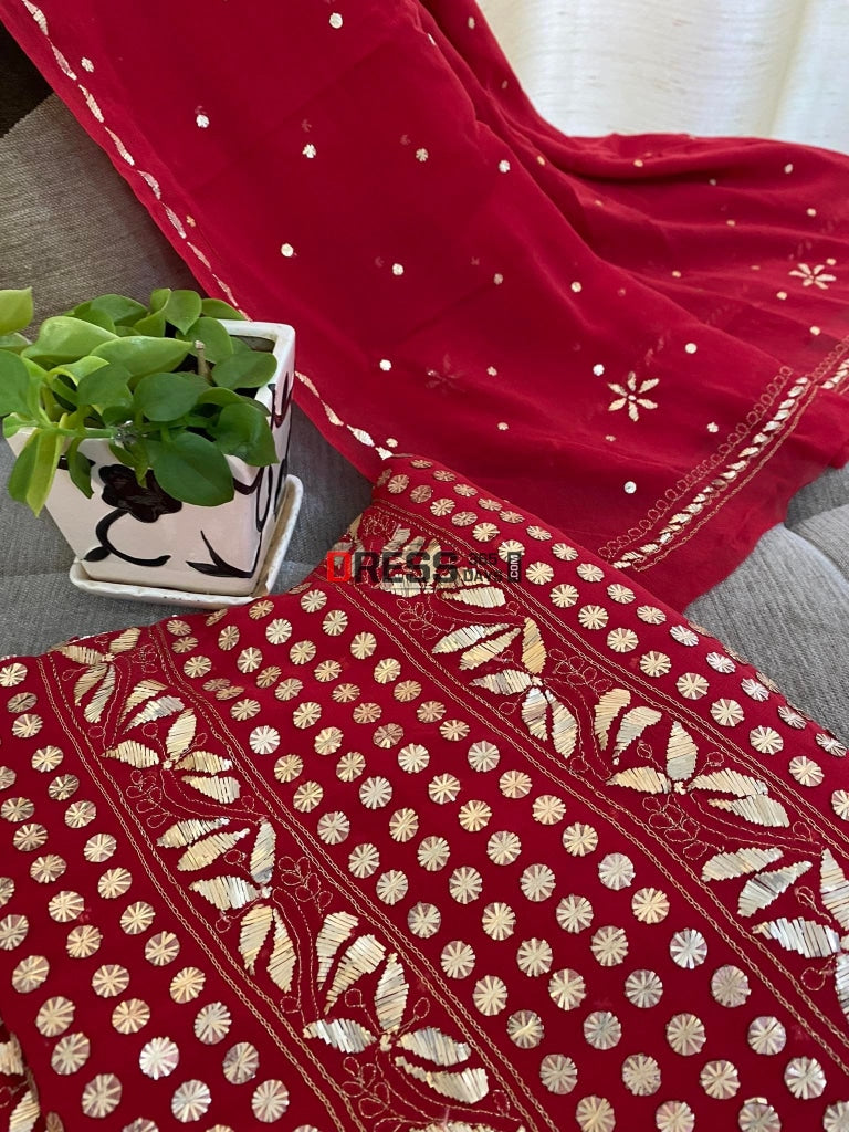 Red Pure Georgette Kamdani Suit Chikankari Suits