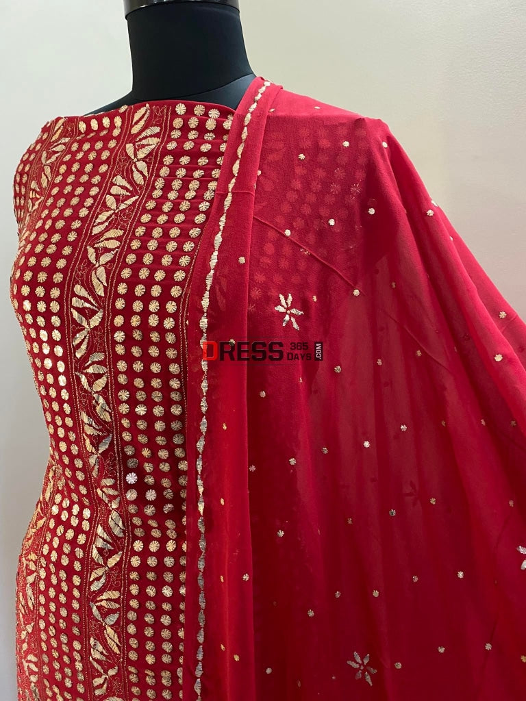 Red Pure Georgette Kamdani Suit Chikankari Suits