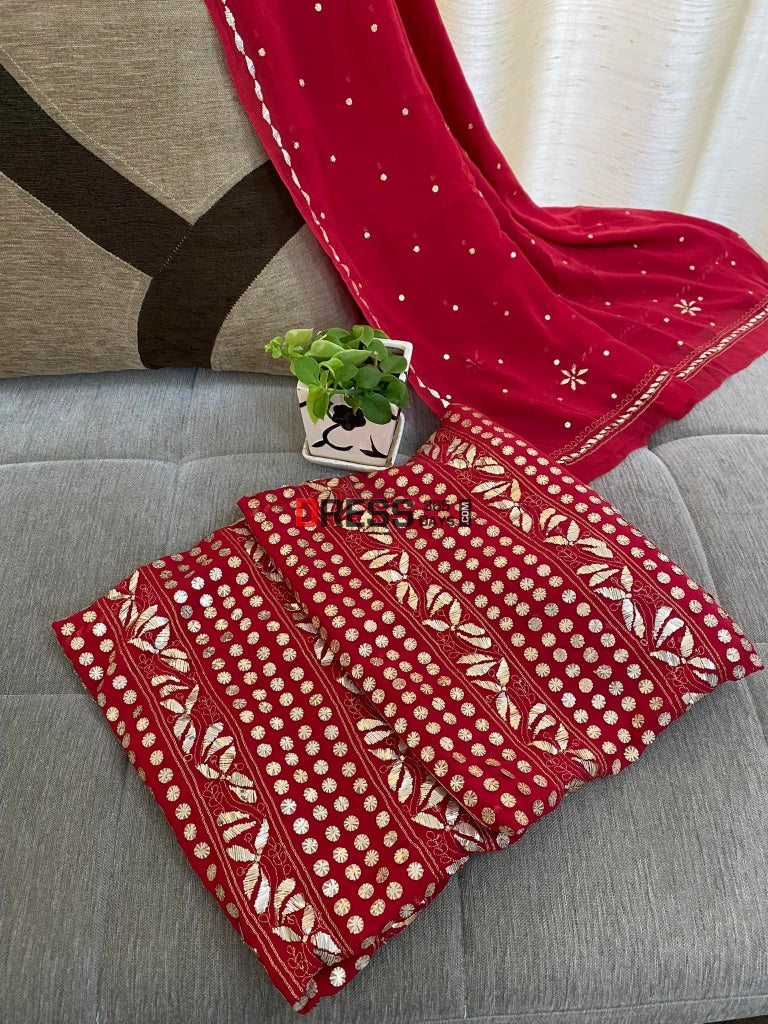 Red Pure Georgette Kamdani Suit Chikankari Suits