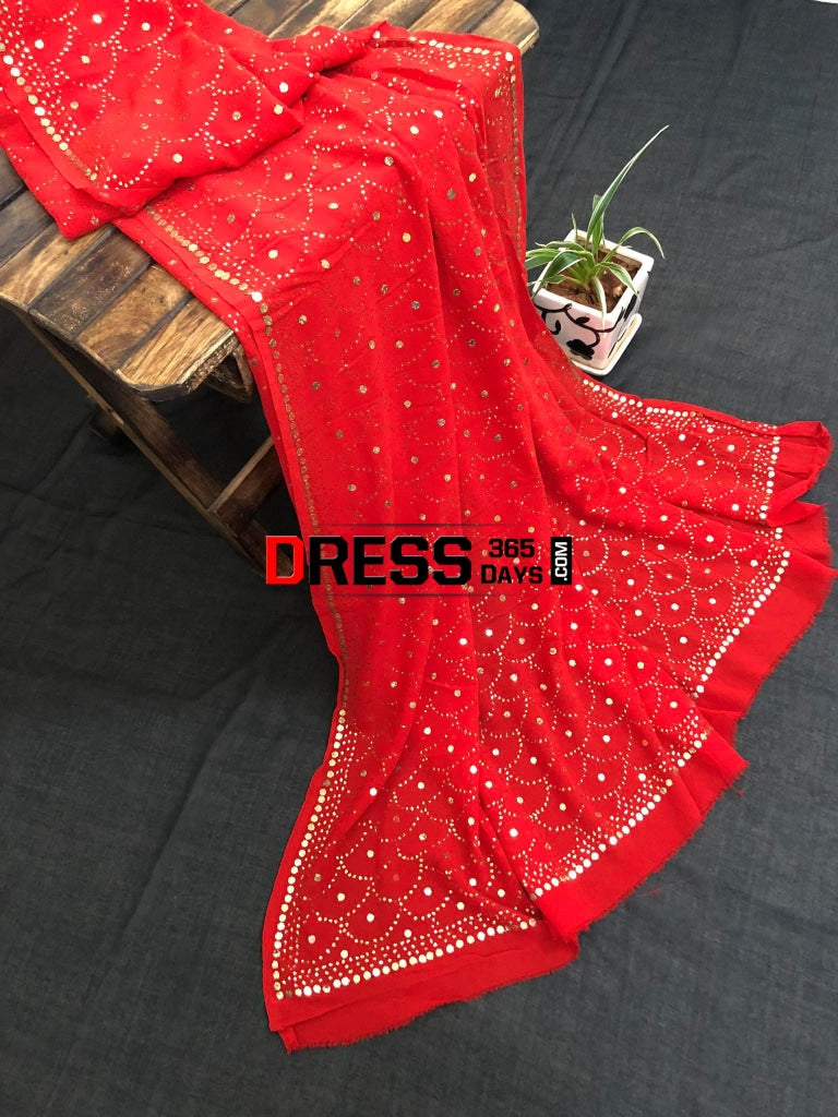 Red Pure Georgette Mukaish Work Dupatta Chikankari