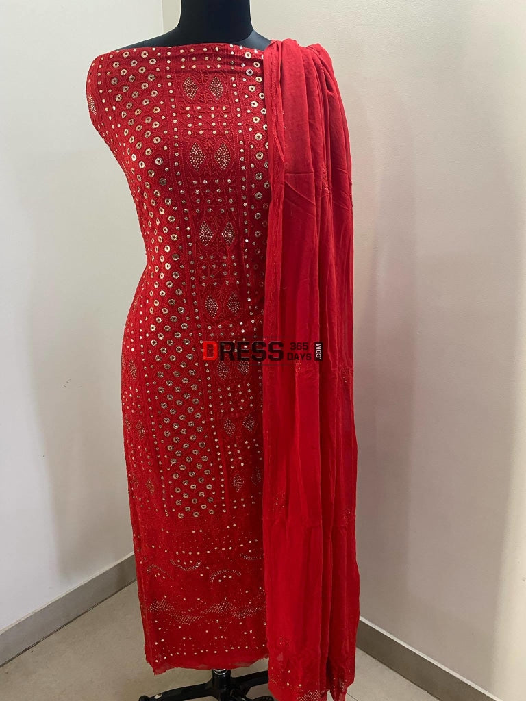 Red Ring Mukaish Chikankari Suit Suits