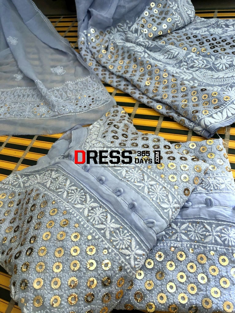 Ring Mukaish Chikankari 3 Piece Sharara Set Suits