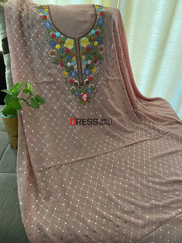 Rose Gold All Over Mukaish Parsi Gara Suit Chikankari Suits