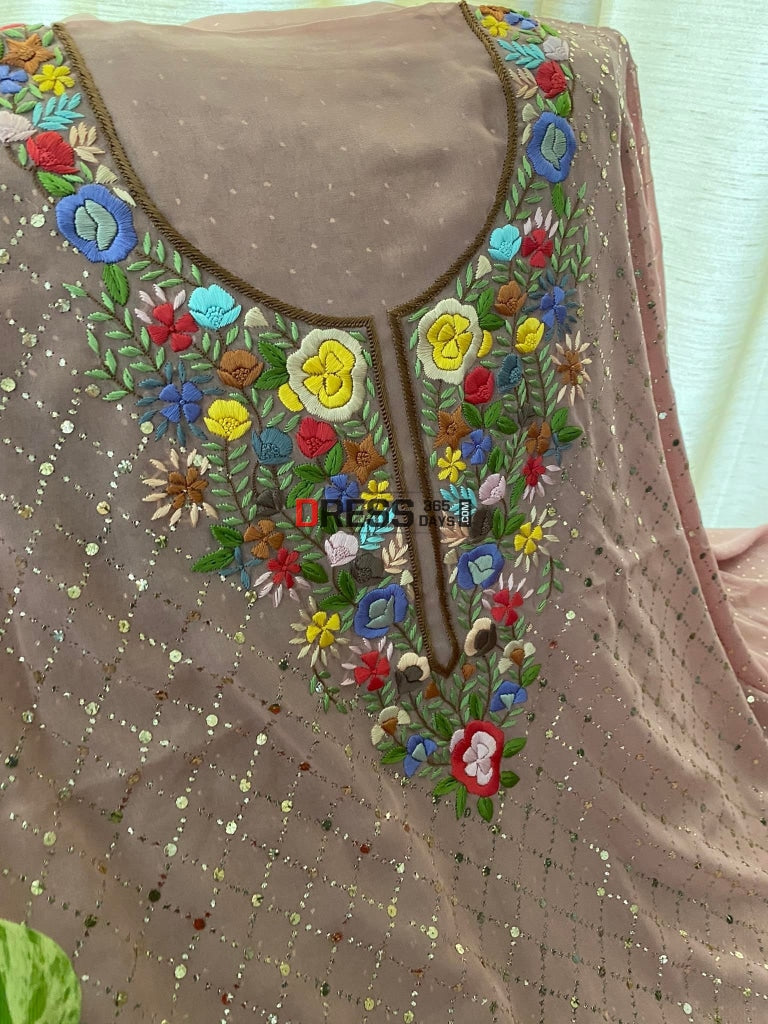 Rose Gold All Over Mukaish Parsi Gara Suit Chikankari Suits